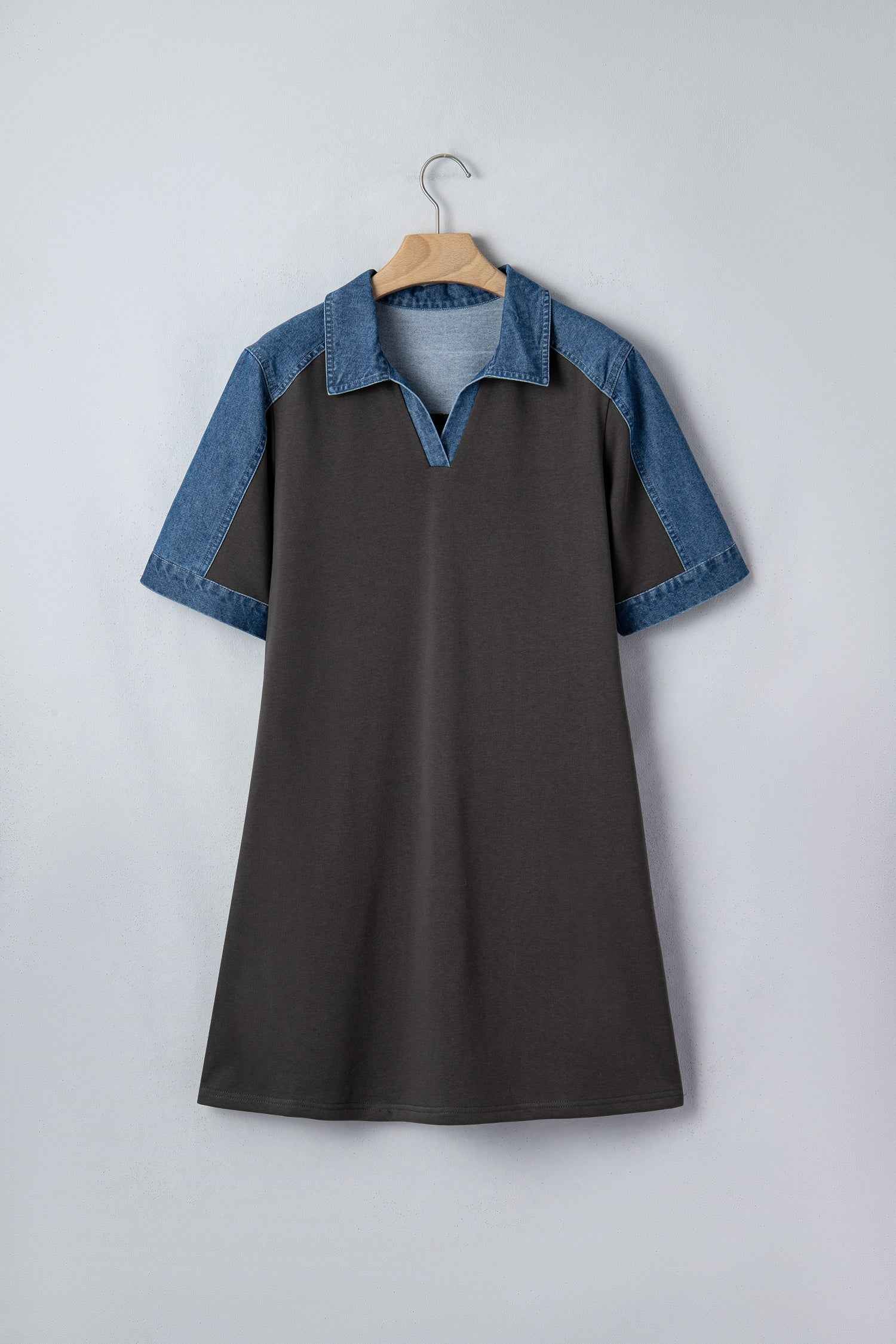 Carbon Grey Color Block Denim Patchwork Polo Collar T Shirt Shift Dress