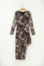 Black Floral Long Sleeve Asymmetric Ruffle Split Hem Mesh Dress