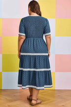 Dusk Blue Plus Size V Neck Swiss Dot Lace Patchwork Detail Flared Midi Dress