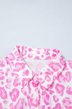 Pink Abstract Leopard Print Tie Waist Puff Sleeve Mini Shirt Dress