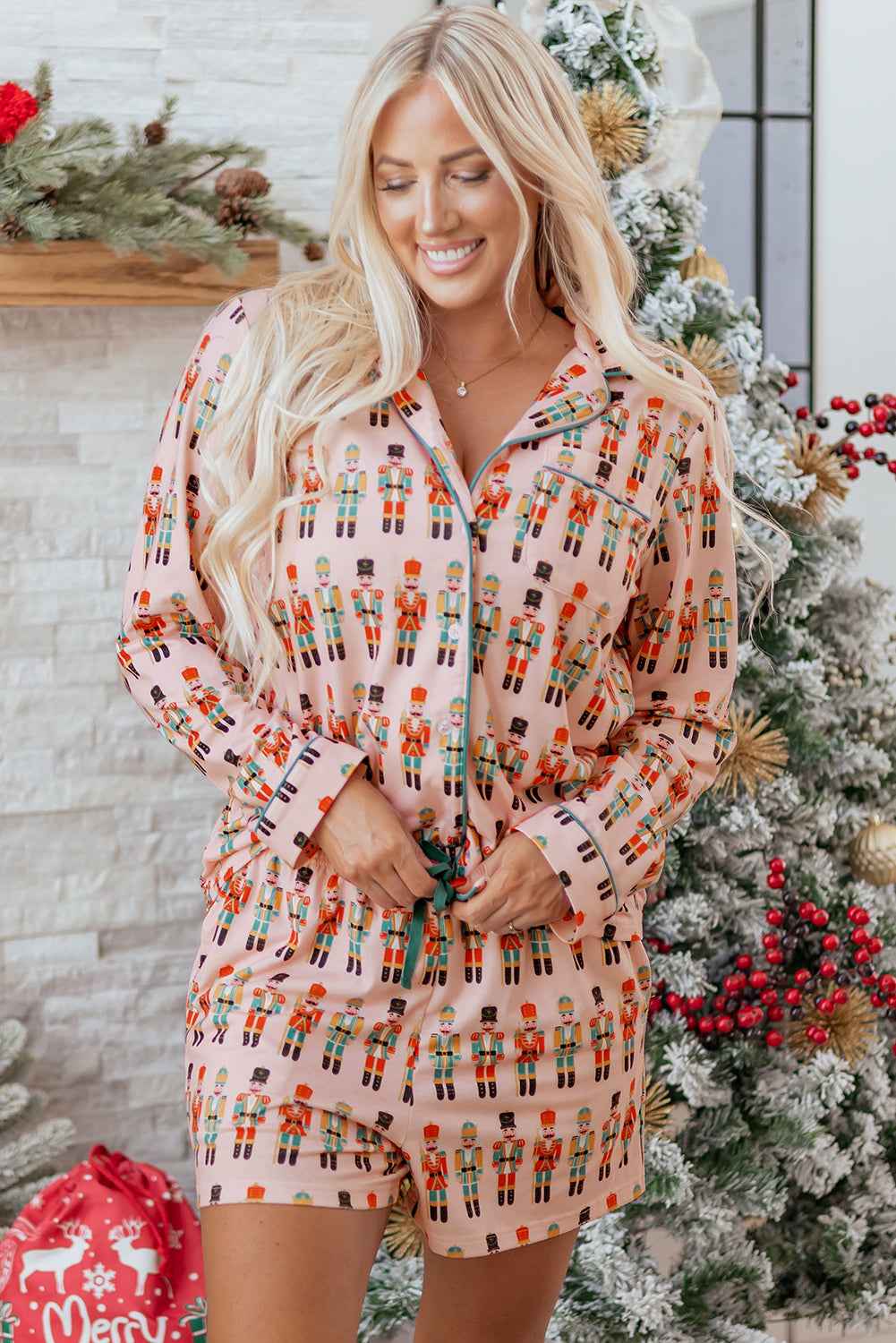 Pink Nutcracker March Long Sleeve Button Up 2pcs Pajama Short Set