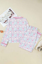 Pink Bow Wreath Pattern Christmas Holiday Tied Front Long Sleeve 2pcs Pajama Set