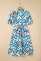 Sky Blue Boho Floral Print Short Puff Sleeve Button Down Ruffle Hem Midi Dress