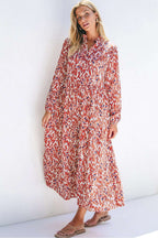 Orange Abstract Print V Neck Pleated High Waist Midi Dress