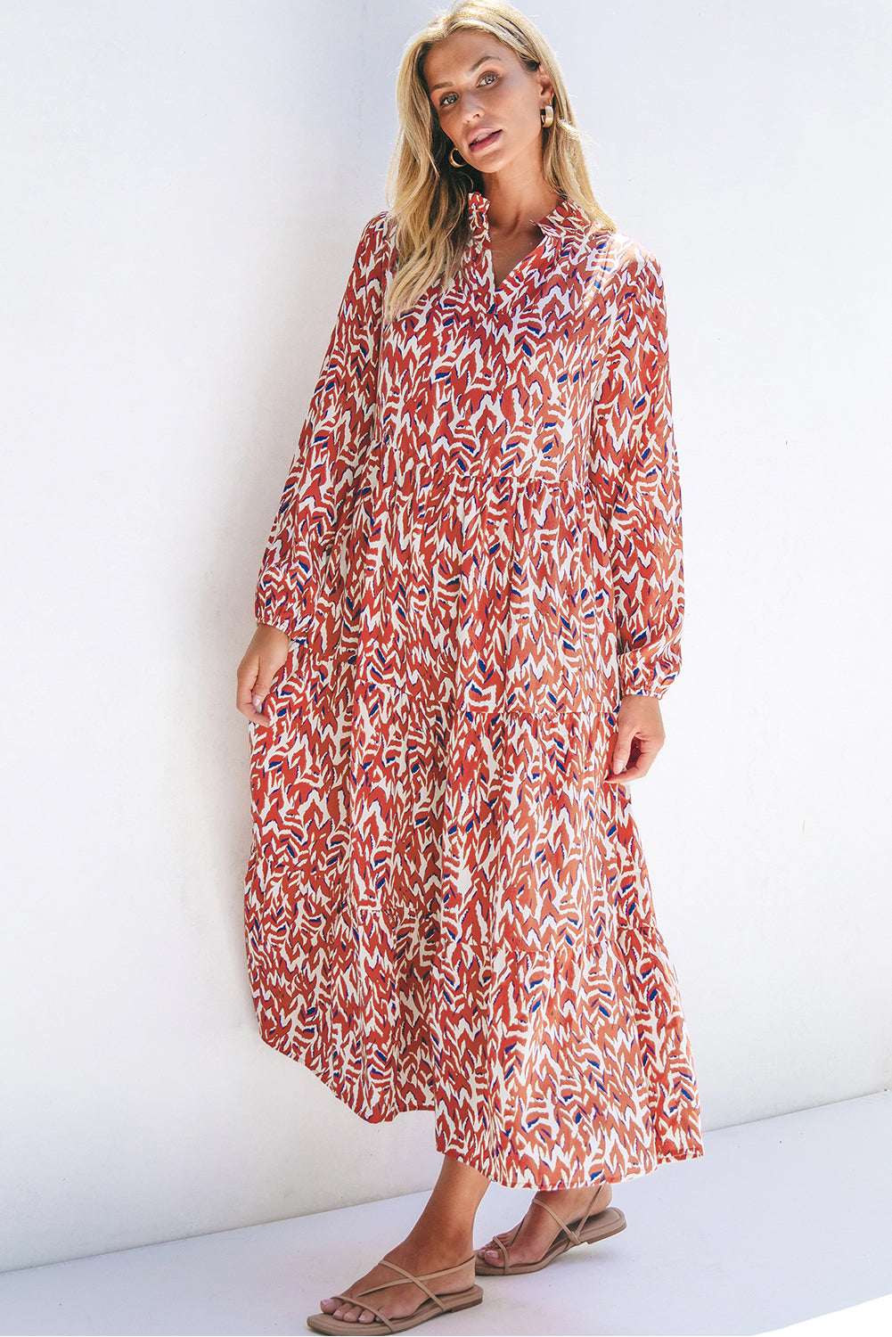 Orange Abstract Print V Neck Pleated High Waist Midi Dress