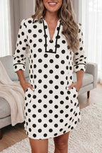 White Polka Dot Half Sleeve Collar V Neck Pocketed Casual Mini Dress