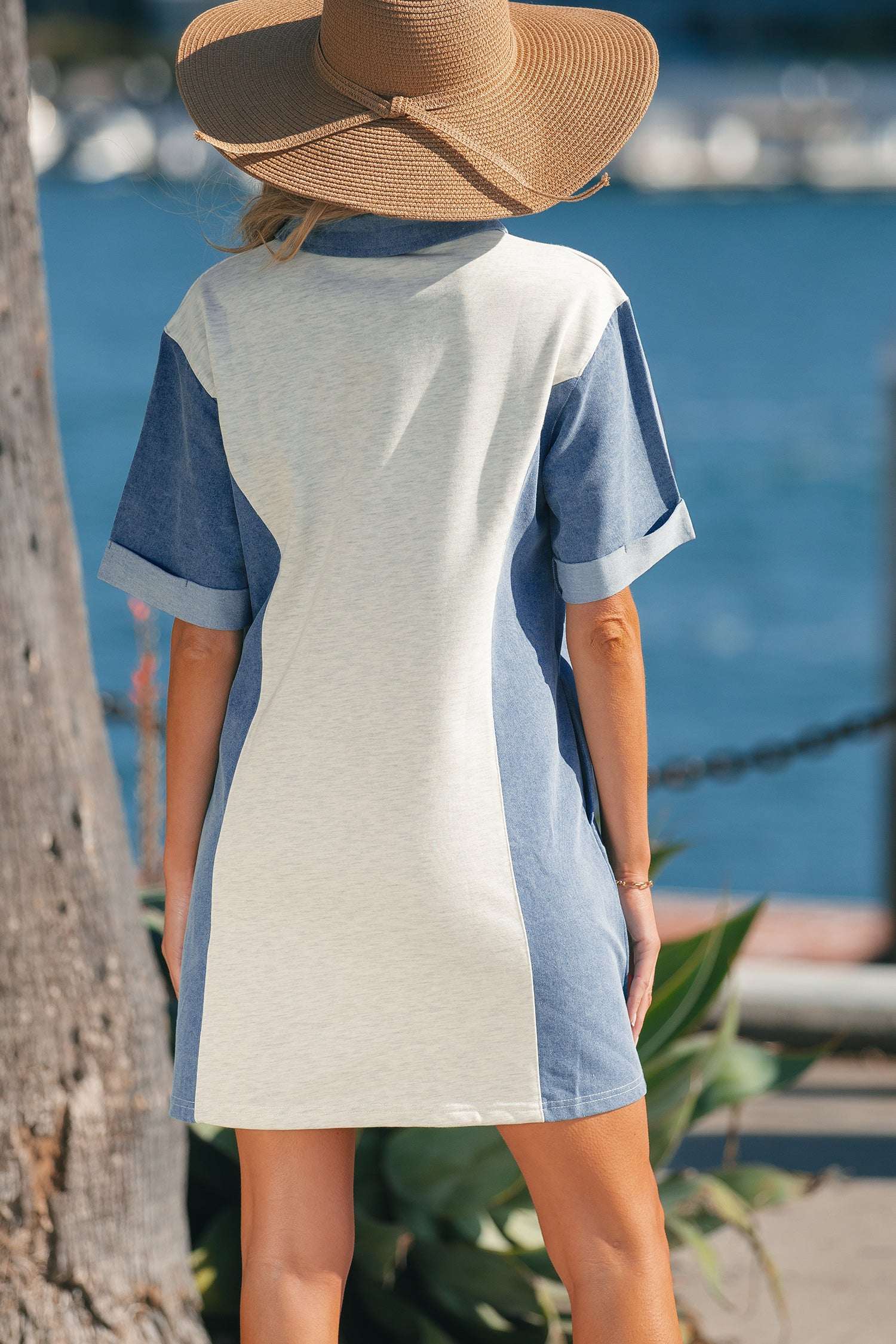 Light Grey Denim Color Block Patchwork Button Polo Collar T Shirt Tunic Dress