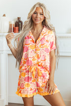 Pink Short Sleeve Pumpkin Print Pocket Placket Shell Button Lounge Set - MuseLover