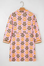 Pink Floral Print Zip Neck Striped Patchwork Long Sleeve Drawstring Dress