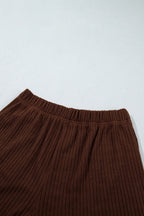 Dark Brown Textured Ribbed Knit Lettuce Trim 2pcs Lounge Set