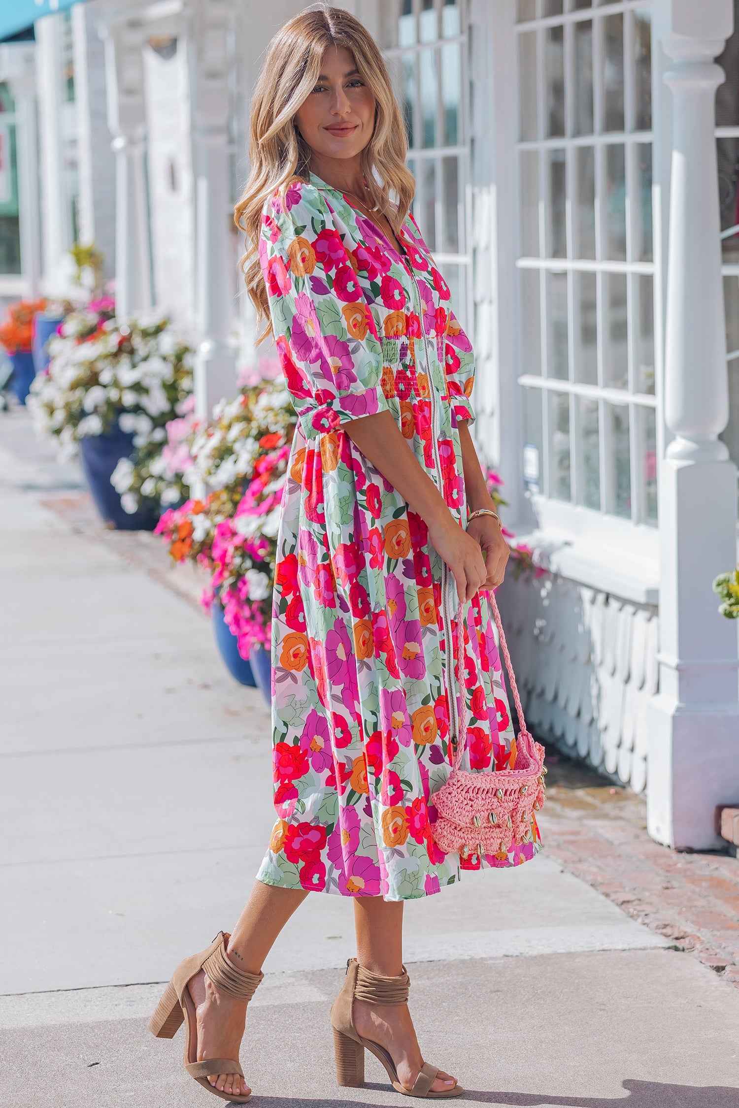 Rose Vibrant Floral Print V Neck Zip Up Puffy Half Sleeve Dress