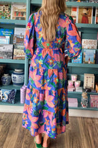 Blue Floral Print 3/4 Sleeve V Neck Tiered Long Dress