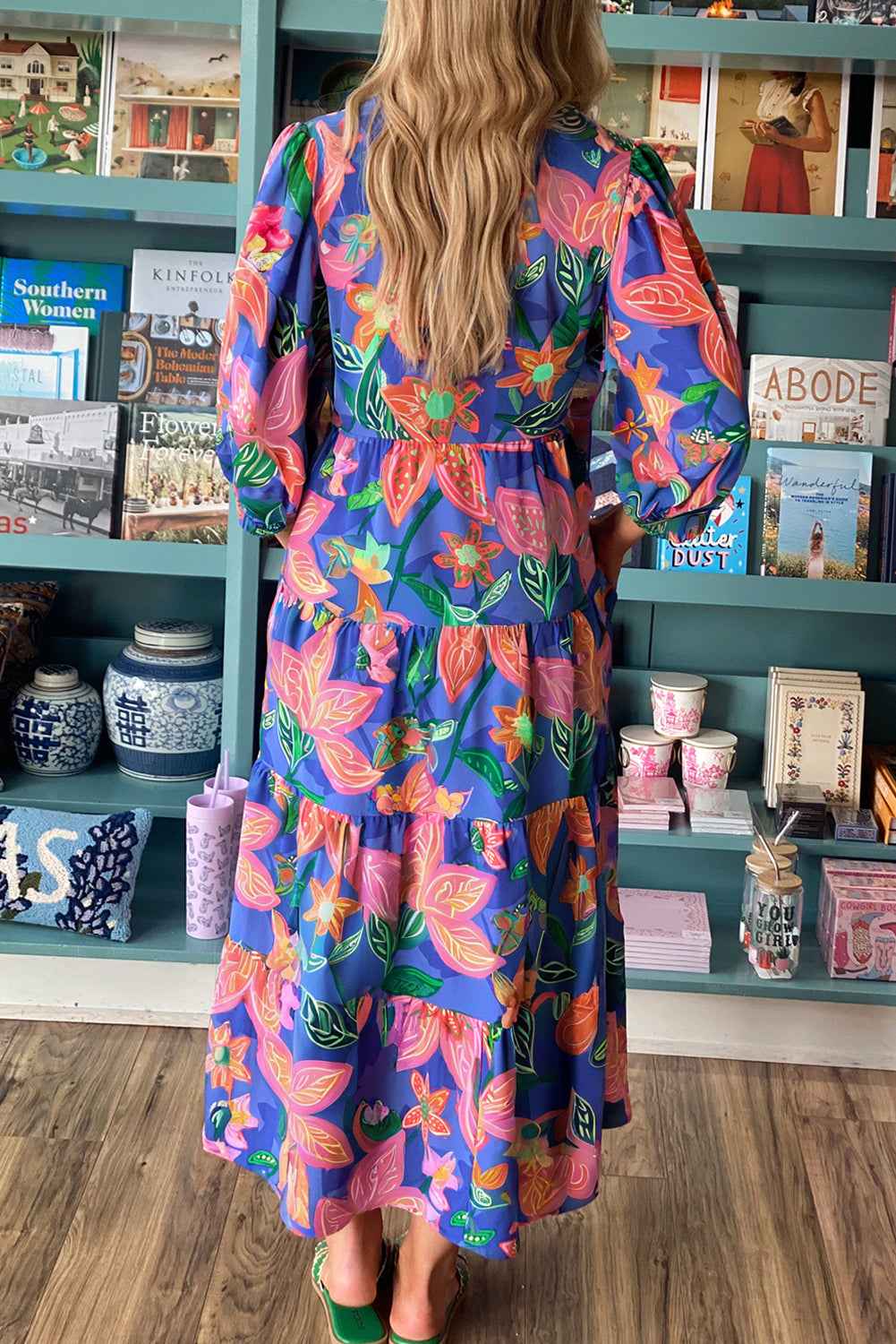 Blue Floral Print 3/4 Sleeve V Neck Tiered Long Dress