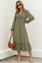 Black Collared V Neck Smocked Detail Contrast Leopard Trim Bracelet Sleeve Long Dress