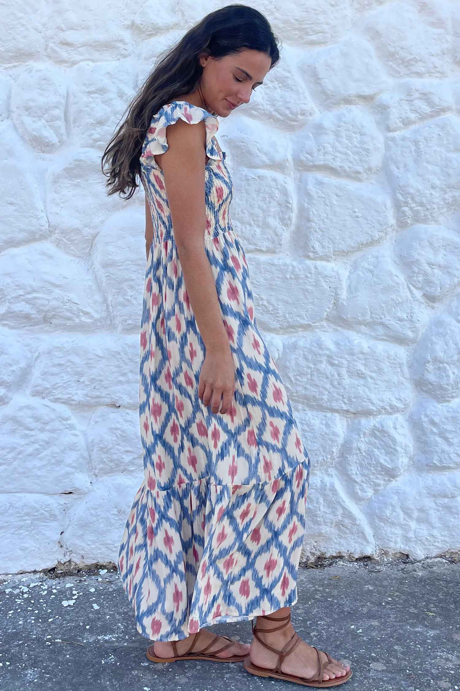 Sky Blue Ethnic Geometric Print Square Neck Smocked High Waist Ruffle Sleeve Dress