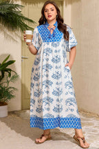 Sky Blue  Plus Size Floral Print Contrast Boho Patchwork V Neck Loose Midi Dress