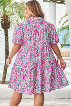 Pink Plus Size Floral Half Button Short Puff Sleeve A-line Dress