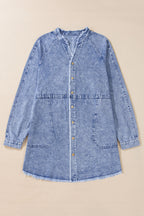Beau Blue Mineral Wash Long Sleeve Button Up Raw Hem Pocketed Denim Dress