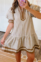 Brown Stripe Shirt Collar Color Block Patchwork Trim Ruffle Hem Short Dress