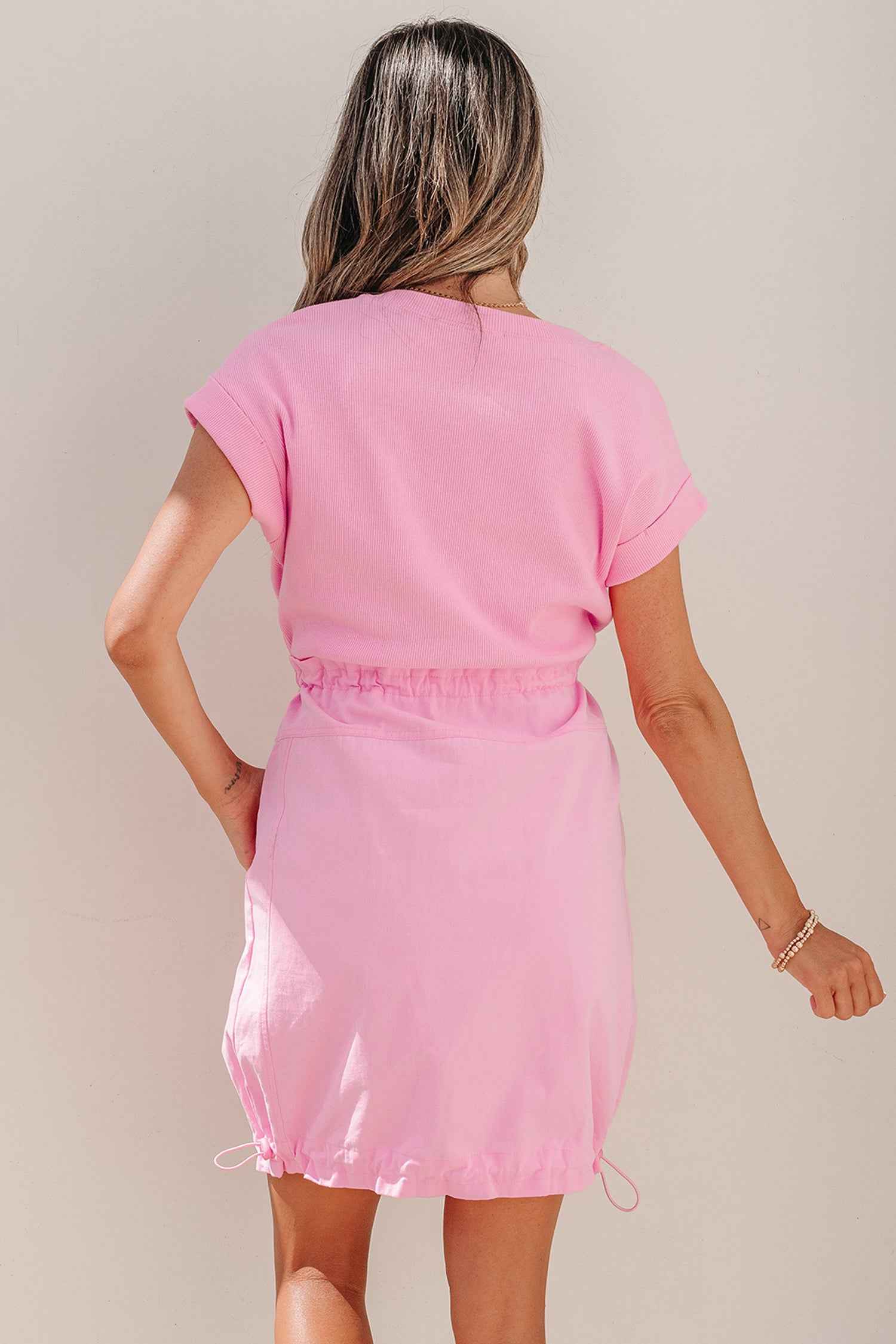 Bonbon Cuffed Short Sleeve Mix Fabric Patchwork Drawstring Mini Dress