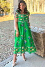 Green Floral Print Contrast Trim Knotted Straps Midi Dress