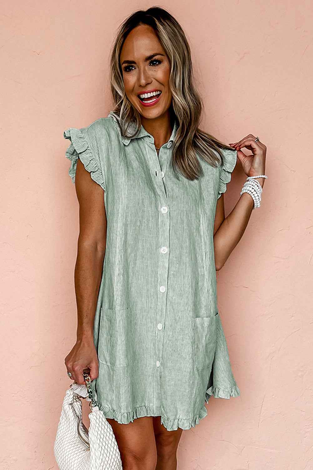 Green Stripe Frilled Sleeveless Collar Front Pocket Button Up Mini Dress