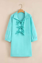 Moonlight Jade Bow Front Bracelet Sleeve Collared Side Pocket Shift Mini Dress