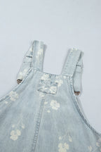 Sky Blue Retro Wash Denim Floral Print Overall Mini Dress