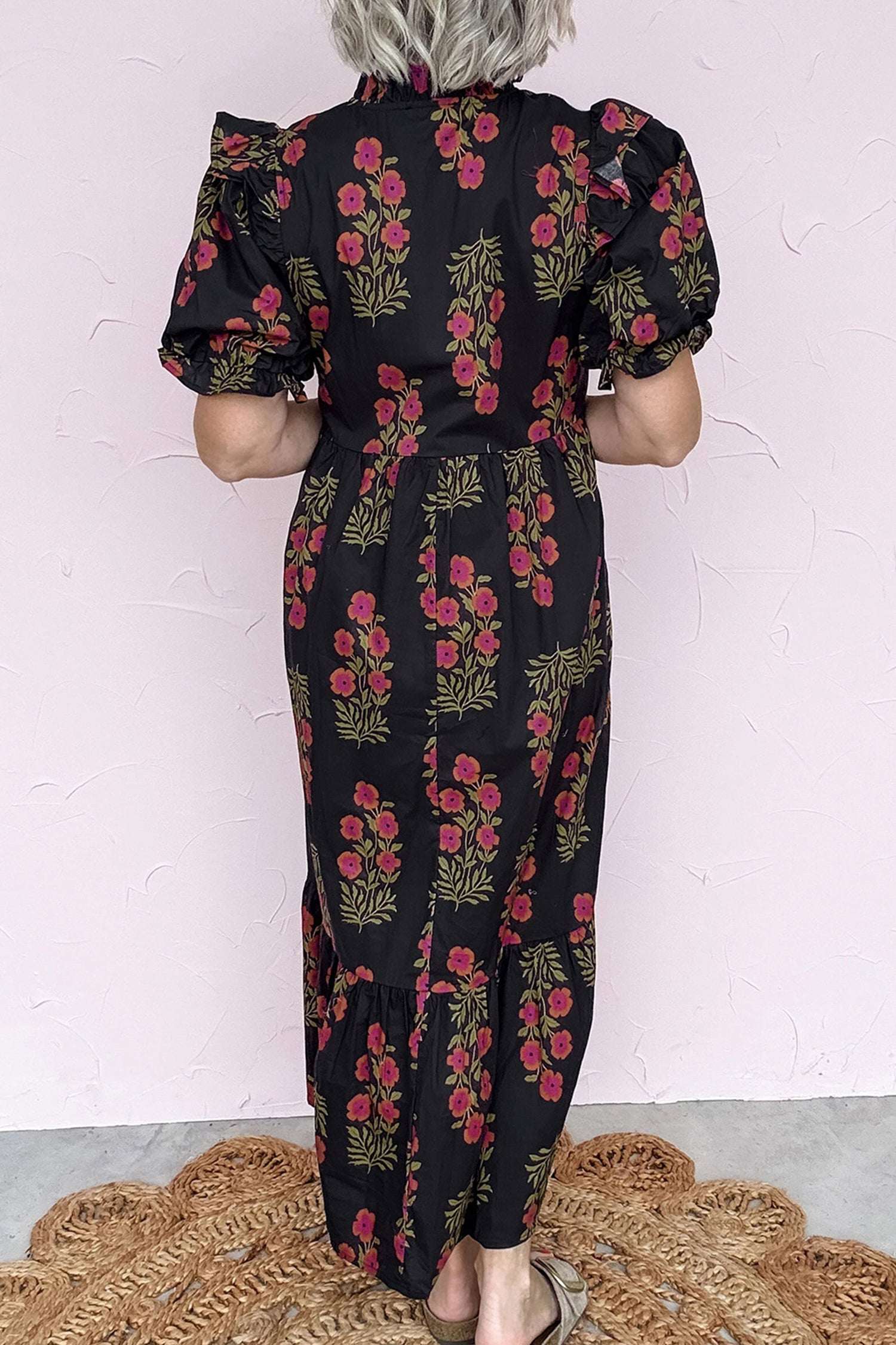 Beige Floral Short Bubble Sleeve Tiered Maxi Dress