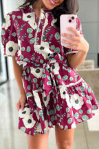 Red Floral Print Trimmed Short Puff Sleeve Mini Dress with Belt