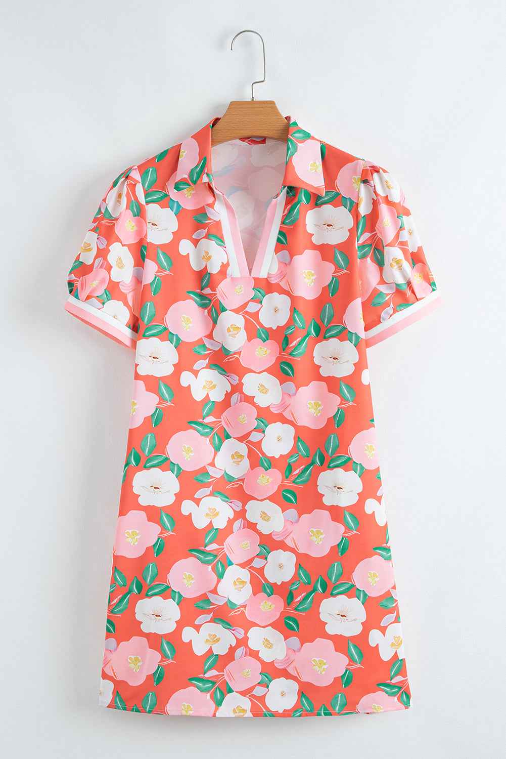 Fresh Salmon Floral Print Contrast Striped Trim Polo Collar T Shirt Dress