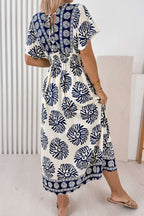 Blue Boho Floral Print Contrast Patchwork V Neck Dolman Maxi Dress