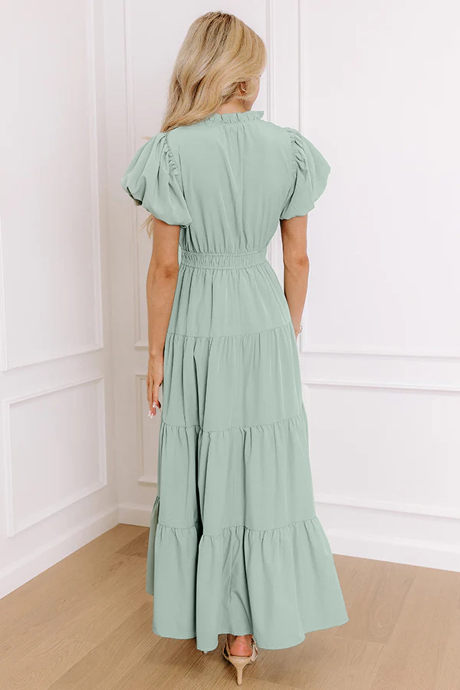Coral Solid Color V Neck Short Puff Sleeve High Waist Tiered Maxi Dress