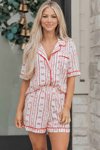 Red Cute Bow Heart Print Ribbon Decor Short 2pcs Pajama Set