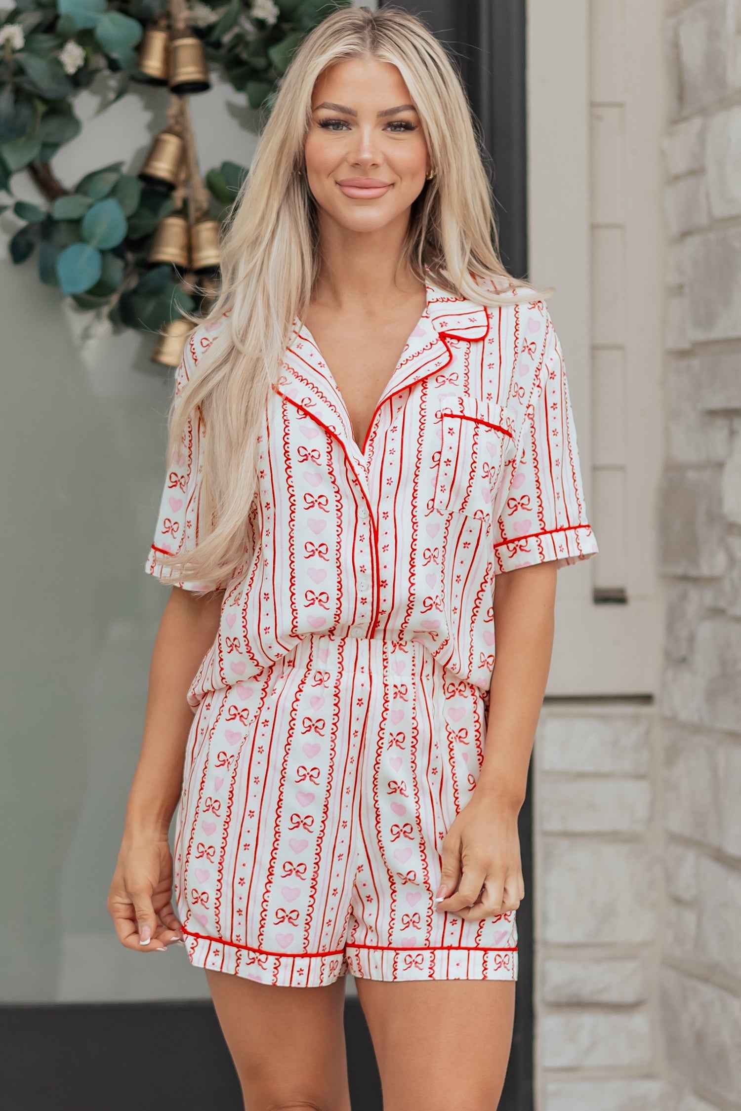 Red Cute Bow Heart Print Ribbon Decor Short 2pcs Pajama Set
