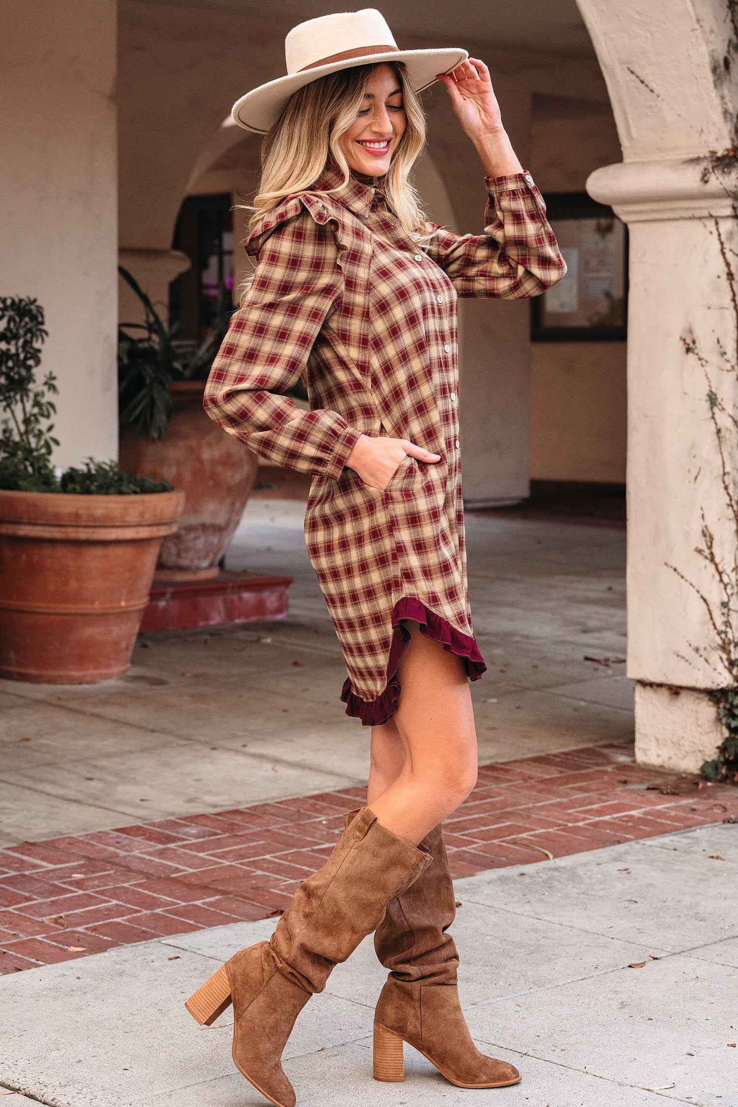 Red Plaid Print Ruffled Long Sleeve Patchwork Hem Mini Shirt Dress