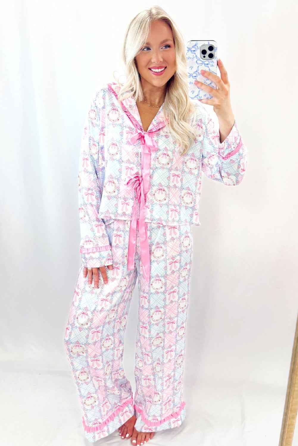 Pink Bow Wreath Pattern Christmas Holiday Tied Front Long Sleeve 2pcs Pajama Set