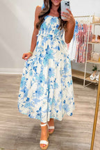 Sky Blue Ruffled Straps Smocked High Waist Floral Maxi Dress