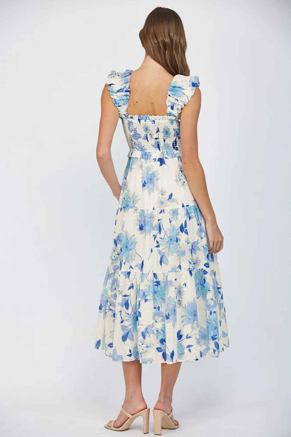 Sky Blue Ruffled Straps Smocked High Waist Floral Maxi Dress