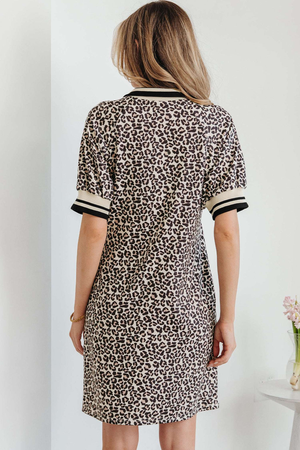 Khaki Leopard Print Zip Neck Striped Webbing Patchwork T Shirt Mini Dress