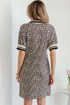 Khaki Leopard Print Zip Neck Striped Webbing Patchwork T Shirt Mini Dress
