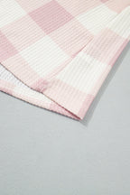 Pink Waffle Plaid Print Contrast Denim Shirt Collar Buttoned T Shirt Mini Dress
