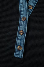 Black Waffle Knit Denim Contrast Trim Patchwork Button Polo Tee Dress