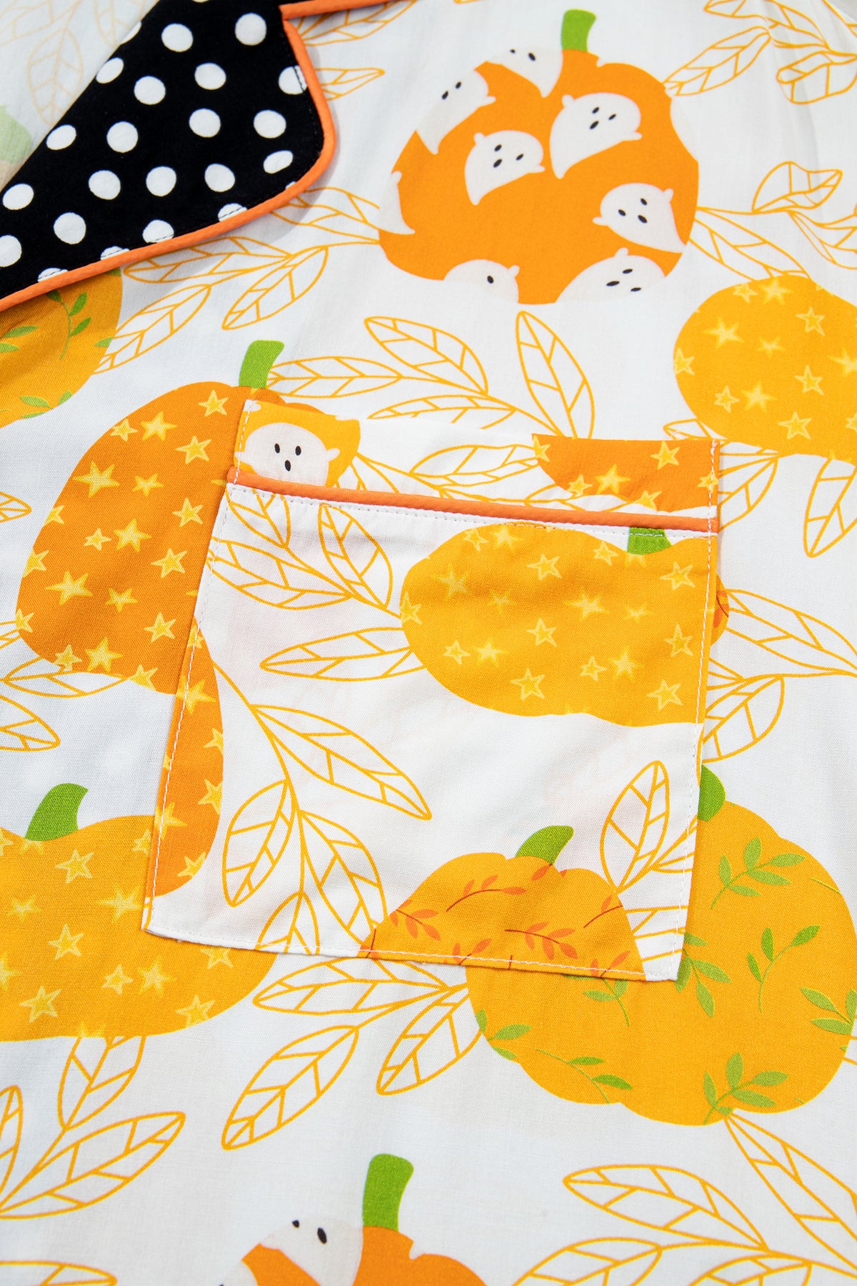 Orange Short Sleeve Pumpkin Print Polka Dot Trim Pocket Pocket Placket Home Wear Lounge Set - MuseLover