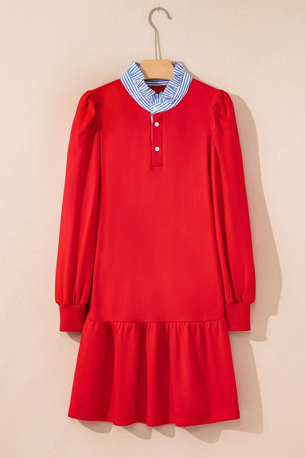 Pink Contrast Striped Collar Patchwork Puff Sleeve Ruffle Hem Mini Dress