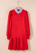 Pink Contrast Striped Collar Patchwork Puff Sleeve Ruffle Hem Mini Dress