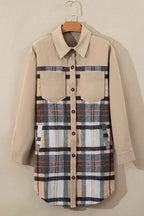 Khaki Plaid Patchwork Long Sleeve Shirt Mini Dress