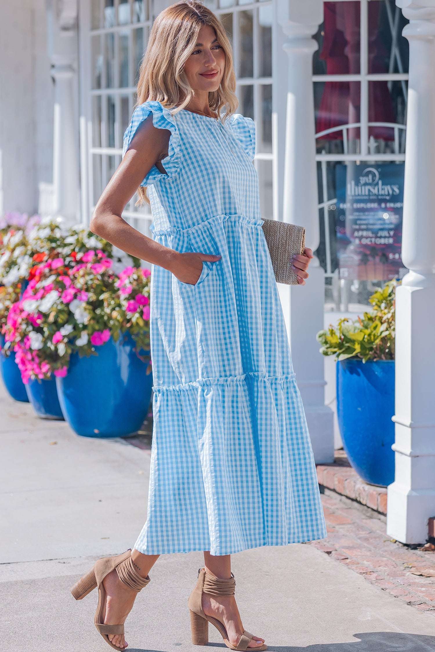 Sky Blue Knot Back Ruffled Short Sleeve Gingham Maxi Dress