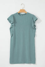 Canton Corded Ruffle Sleeve Crew Neck Shift Dress