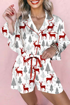 Green Christmas Fashion Print Velvet Trim Bow Knot Pajama 2pcs Short Set